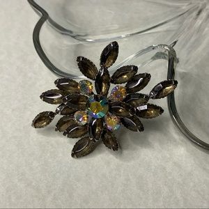 Iridescent Olive Green Rhinestone Oval Floral Silver Tone Statement Brooch